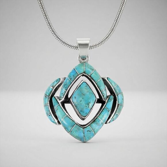 No Brand Jewelry - Vintage Style Sterling Silver Inlaid Turquoise Pendant Necklace Southwestern New